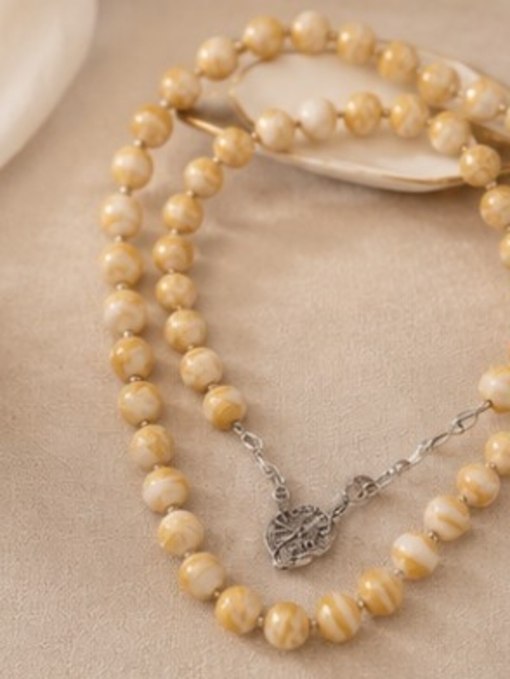 Marbled Yellow Beaded Necklace with Silver Coin Pendant